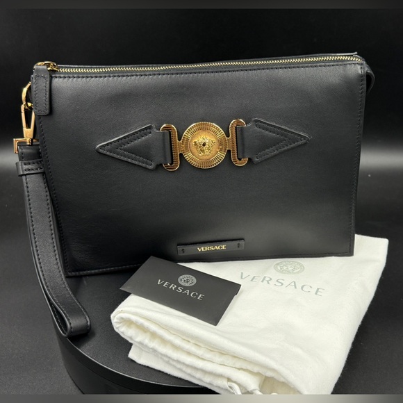Versace Black Leather Clutch with Gold Medusa Detail DP87631